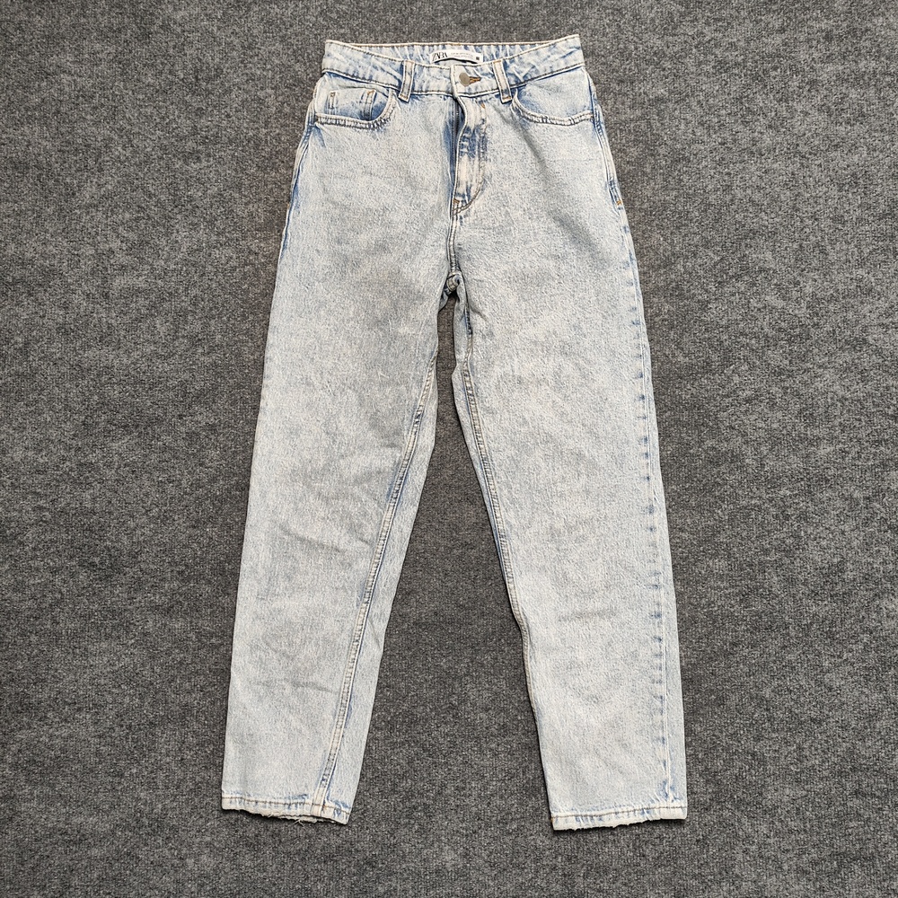 Zara Mom Jeans Womens 4 Light Blue Acid Wash High Rise Relaxed Tapered Denim